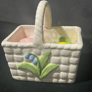 Hand Painted White Ceramic Easter  Basket with Four Eggs